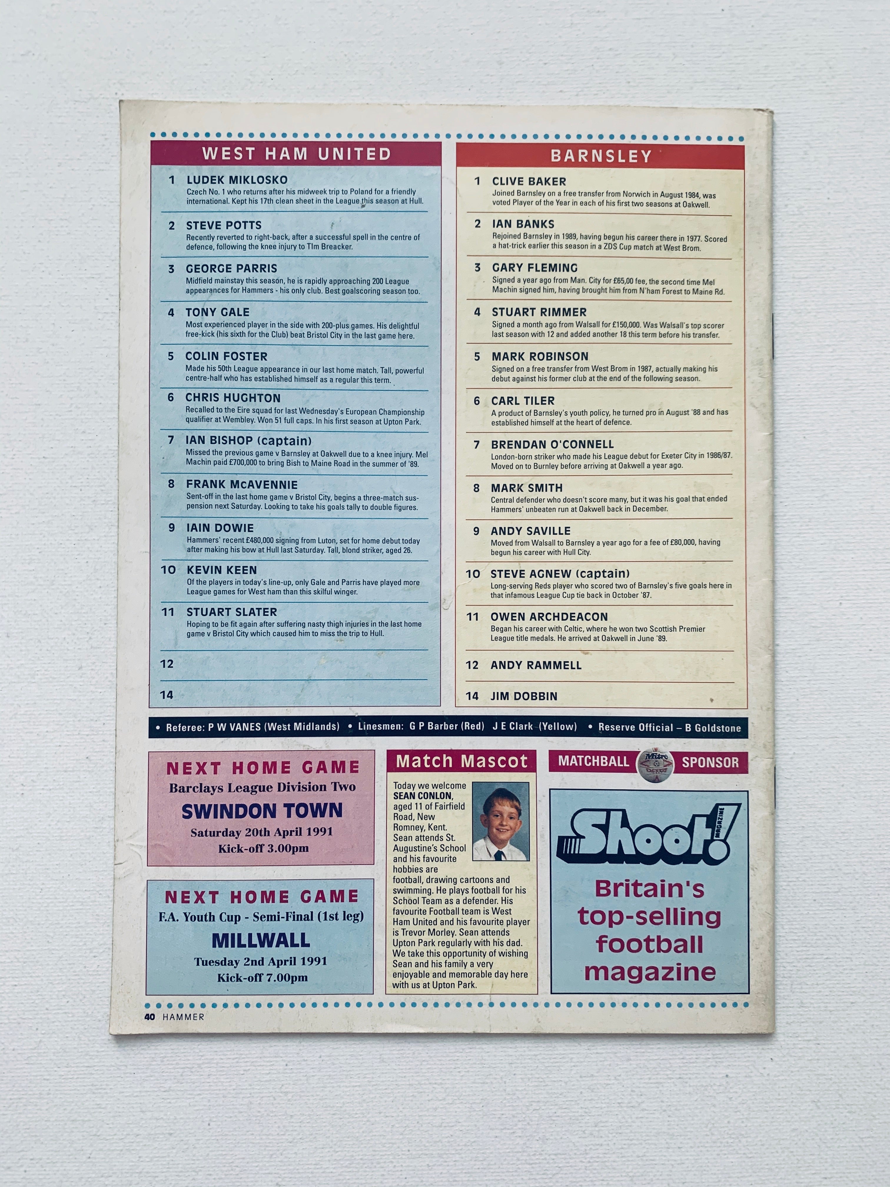 1991 Programa del día del partido West Ham v Barnsley